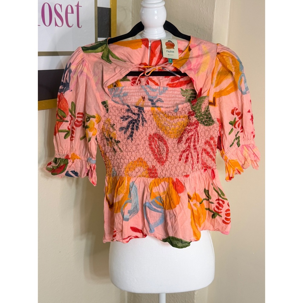 Farm Rio Pink Tropical Fruit Print Smocked Peplum Puff Sleeve Blouse Size S